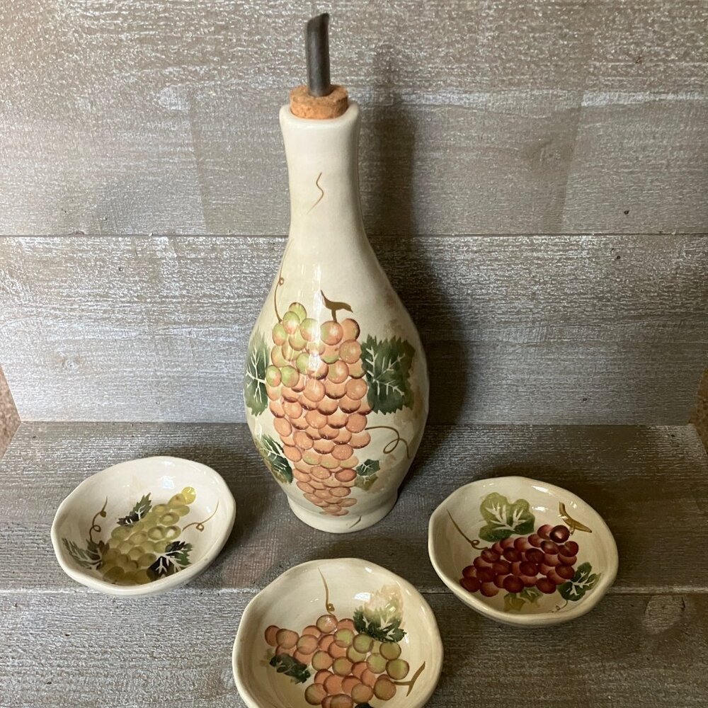 Cabernet hand painted olive oil bottle and 3 dipping dishes